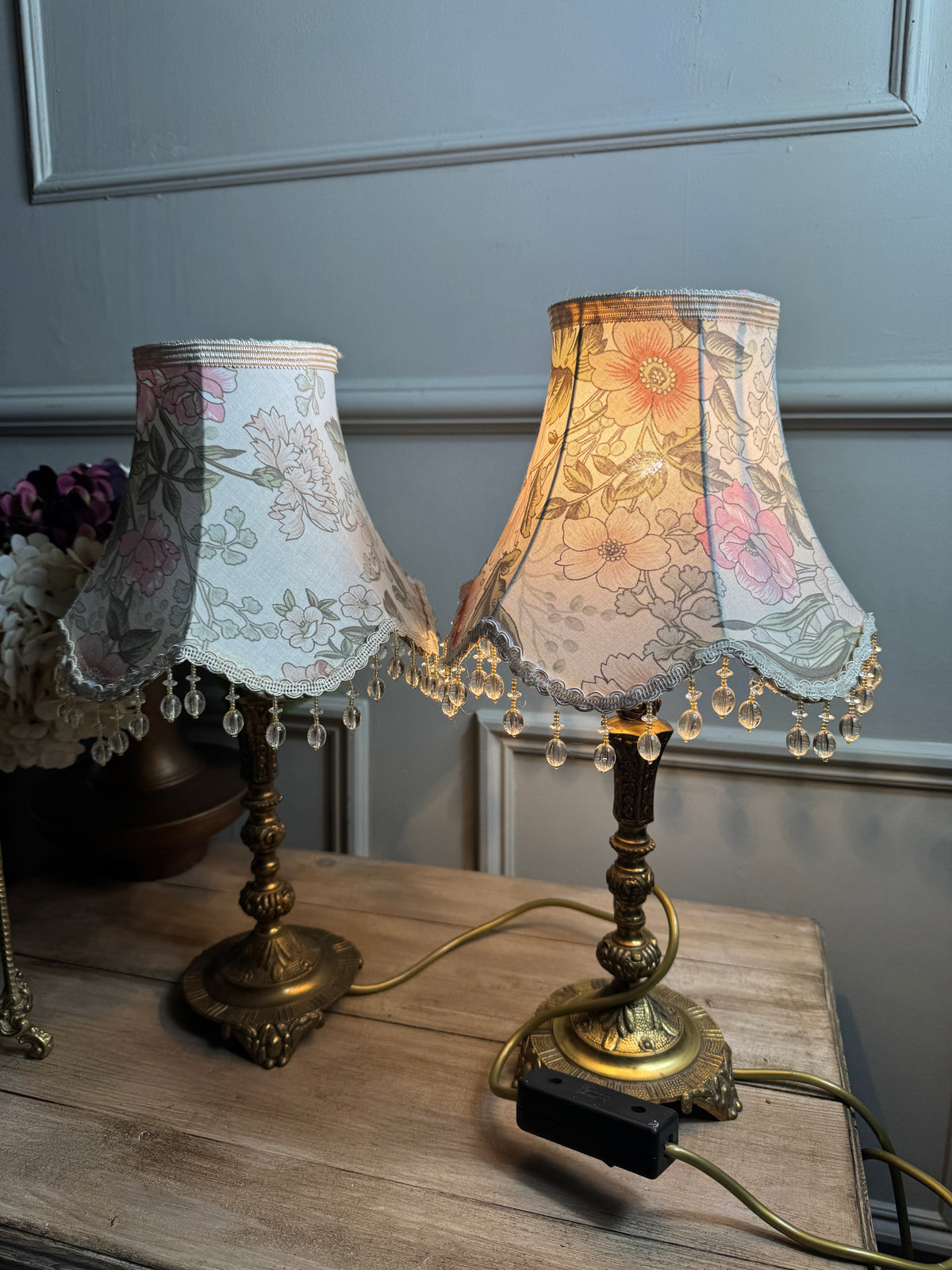 Vintage Brass Candlestick Table Lamps with Floral Lampshades  – Matching Pair
