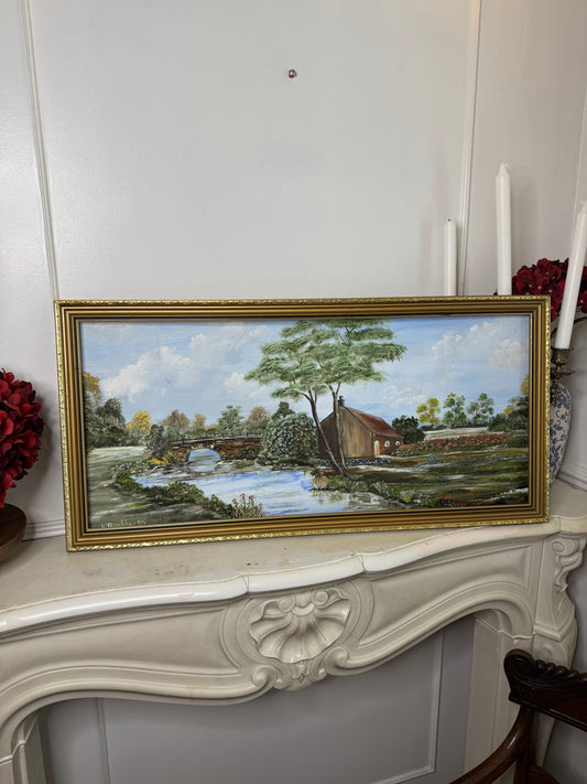 Bridge Over Blooms-1985 Signed Oil Landscape