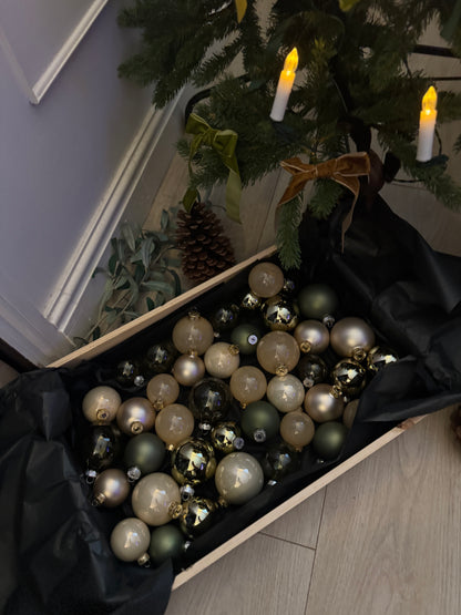 Beige & Green European Glass Christmas Baubles – Mixed Sizes, Set of 42