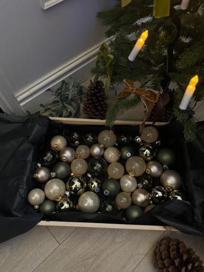 Beige & Green European Glass Christmas Baubles – Mixed Sizes, Set of 42
