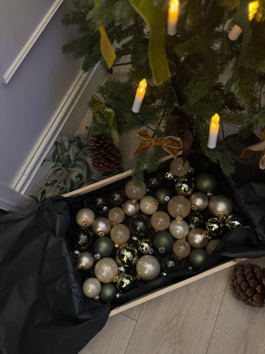 Beige & Green European Glass Christmas Baubles – Mixed Sizes, Set of 42