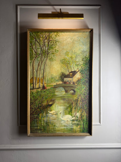 Swans by the Boathouse – Original Oil Painting by H. Hutchings, 1970