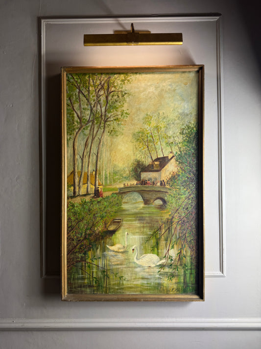 Swans by the Boathouse – Original Oil Painting by H. Hutchings, 1970