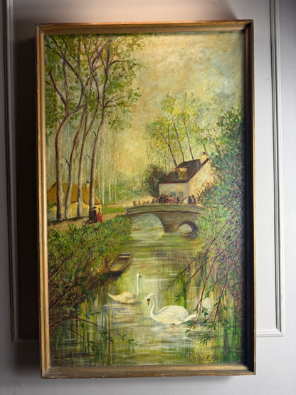 Swans by the Boathouse – Original Oil Painting by H. Hutchings, 1970