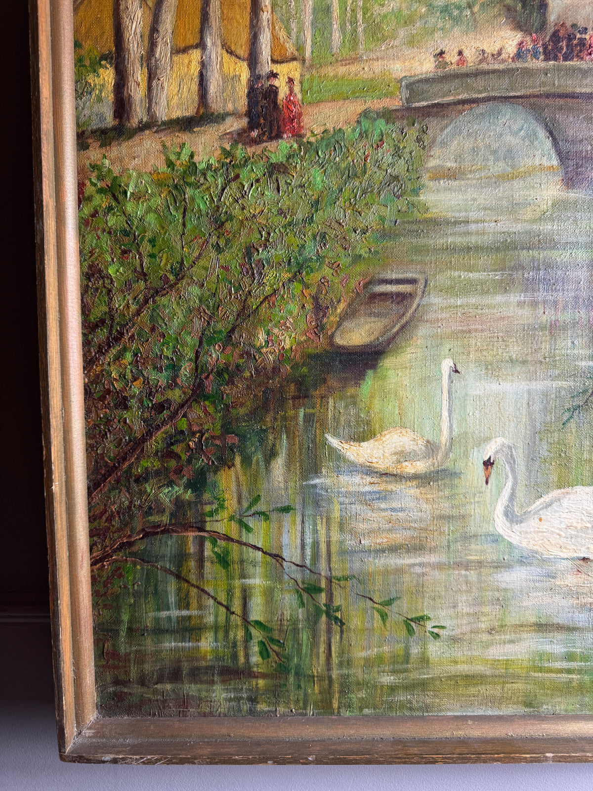 Swans by the Boathouse – Original Oil Painting by H. Hutchings, 1970