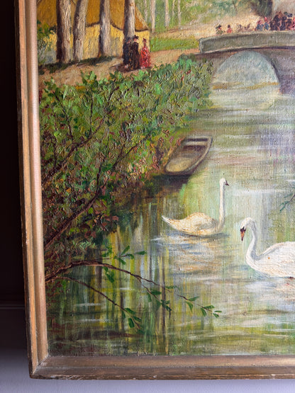 Swans by the Boathouse – Original Oil Painting by H. Hutchings, 1970