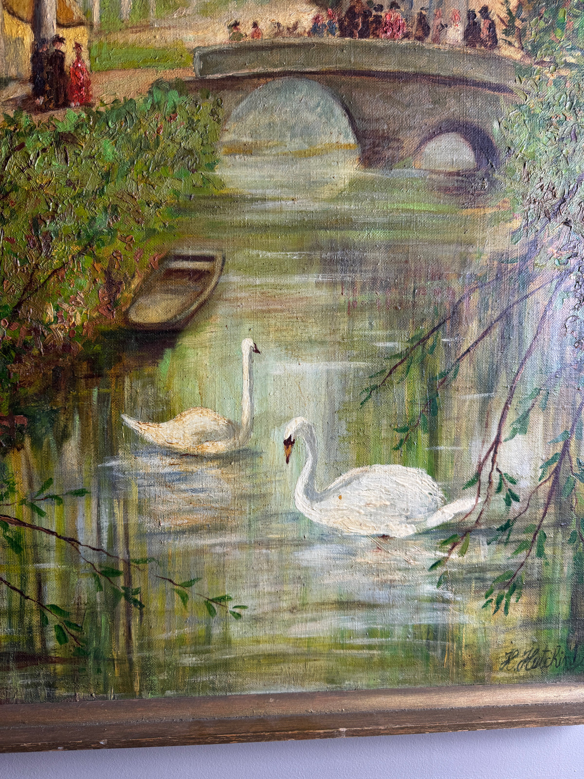 Swans by the Boathouse – Original Oil Painting by H. Hutchings, 1970