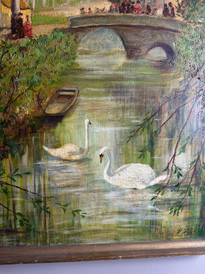 Swans by the Boathouse – Original Oil Painting by H. Hutchings, 1970