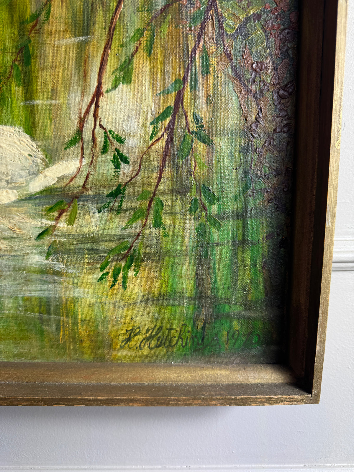 Swans by the Boathouse – Original Oil Painting by H. Hutchings, 1970