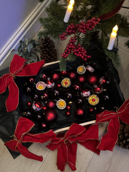 Red European Glass Christmas Baubles – Mixed Sizes , Retro , 39 Pieces