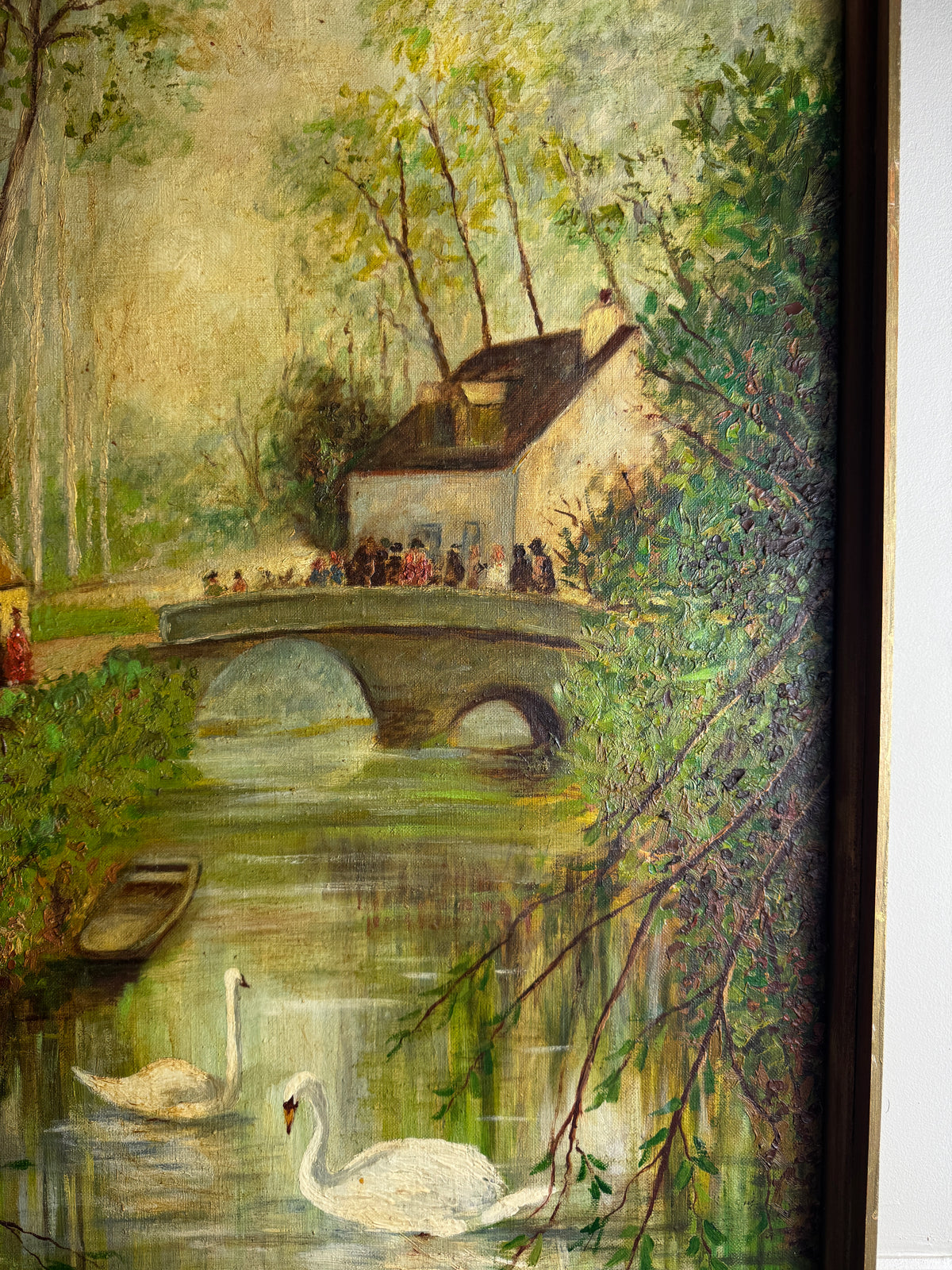 Swans by the Boathouse – Original Oil Painting by H. Hutchings, 1970