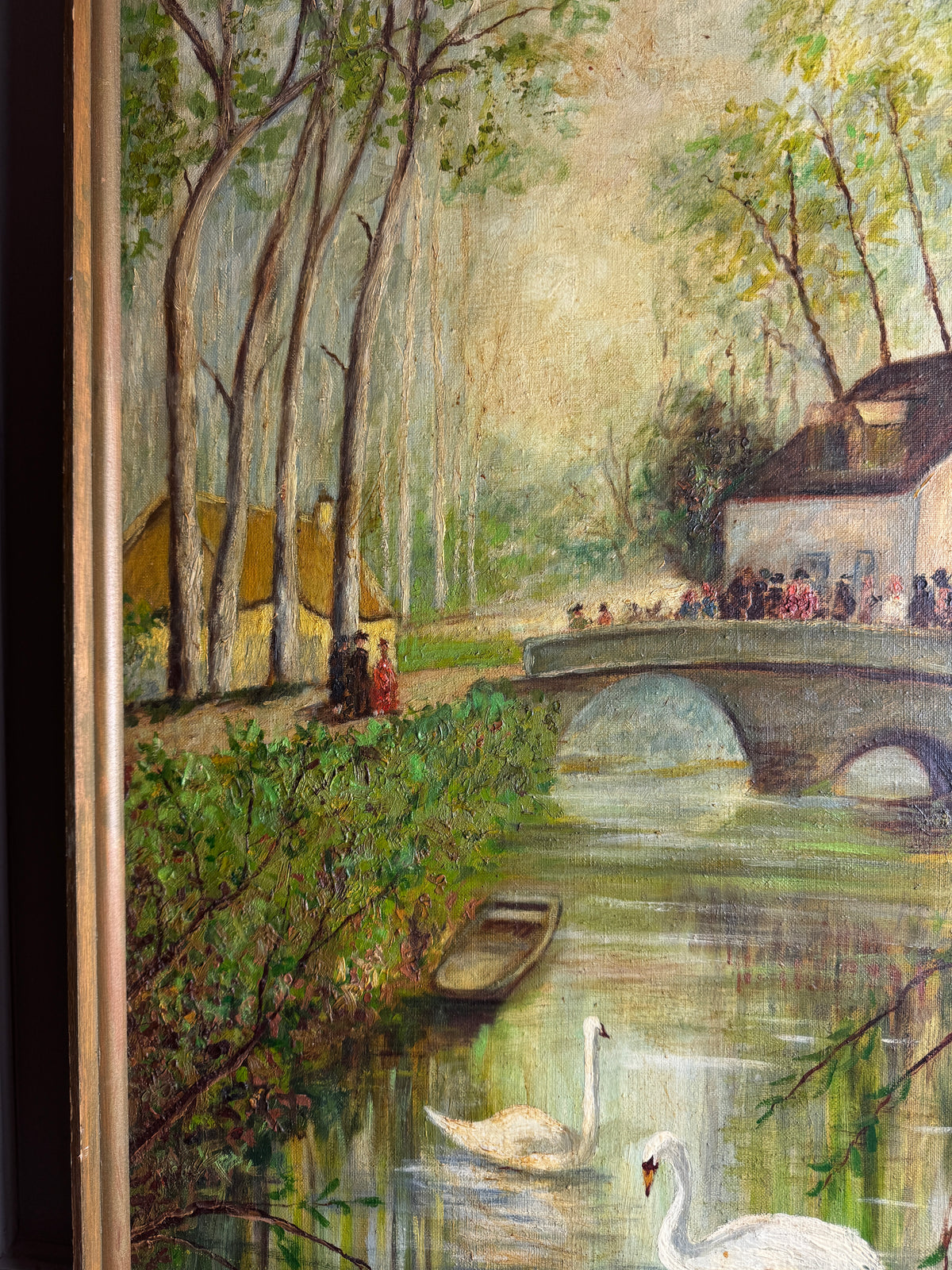 Swans by the Boathouse – Original Oil Painting by H. Hutchings, 1970