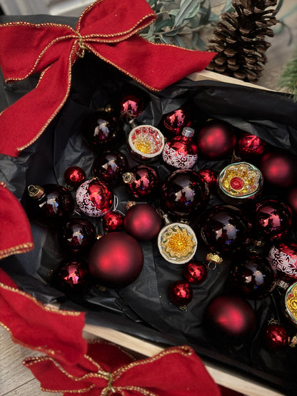 Red European Glass Christmas Baubles – Mixed Sizes , Retro , 39 Pieces
