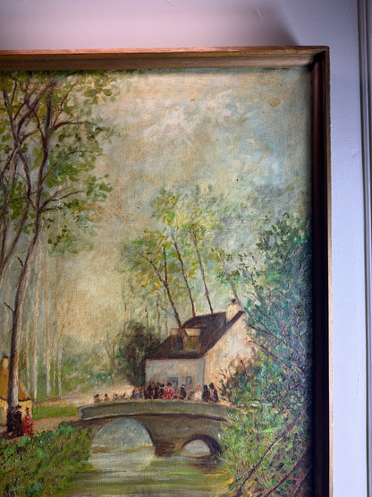 Swans by the Boathouse – Original Oil Painting by H. Hutchings, 1970