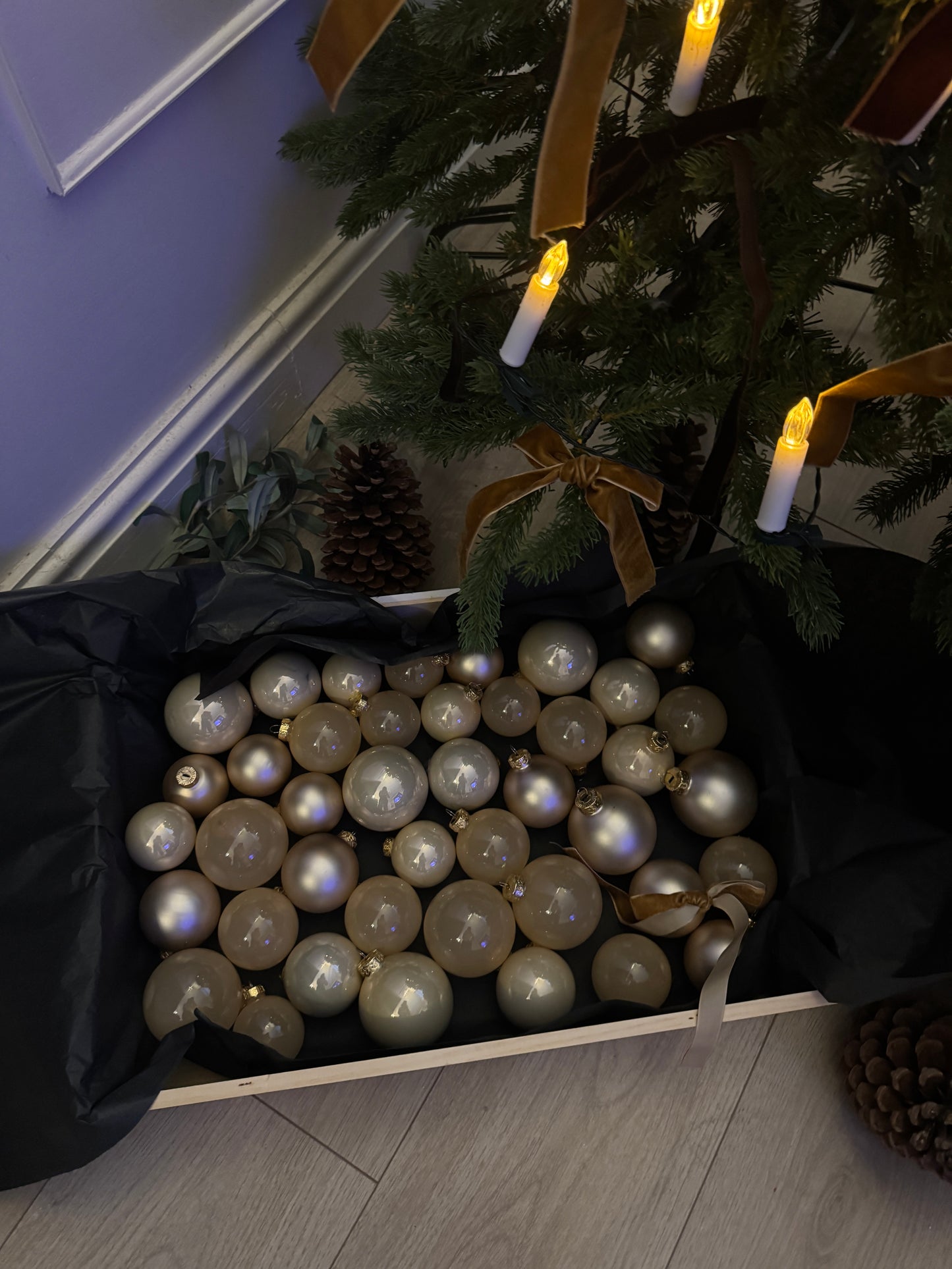 Beige European Glass Christmas Baubles – Mixed Sizes, Set of 42