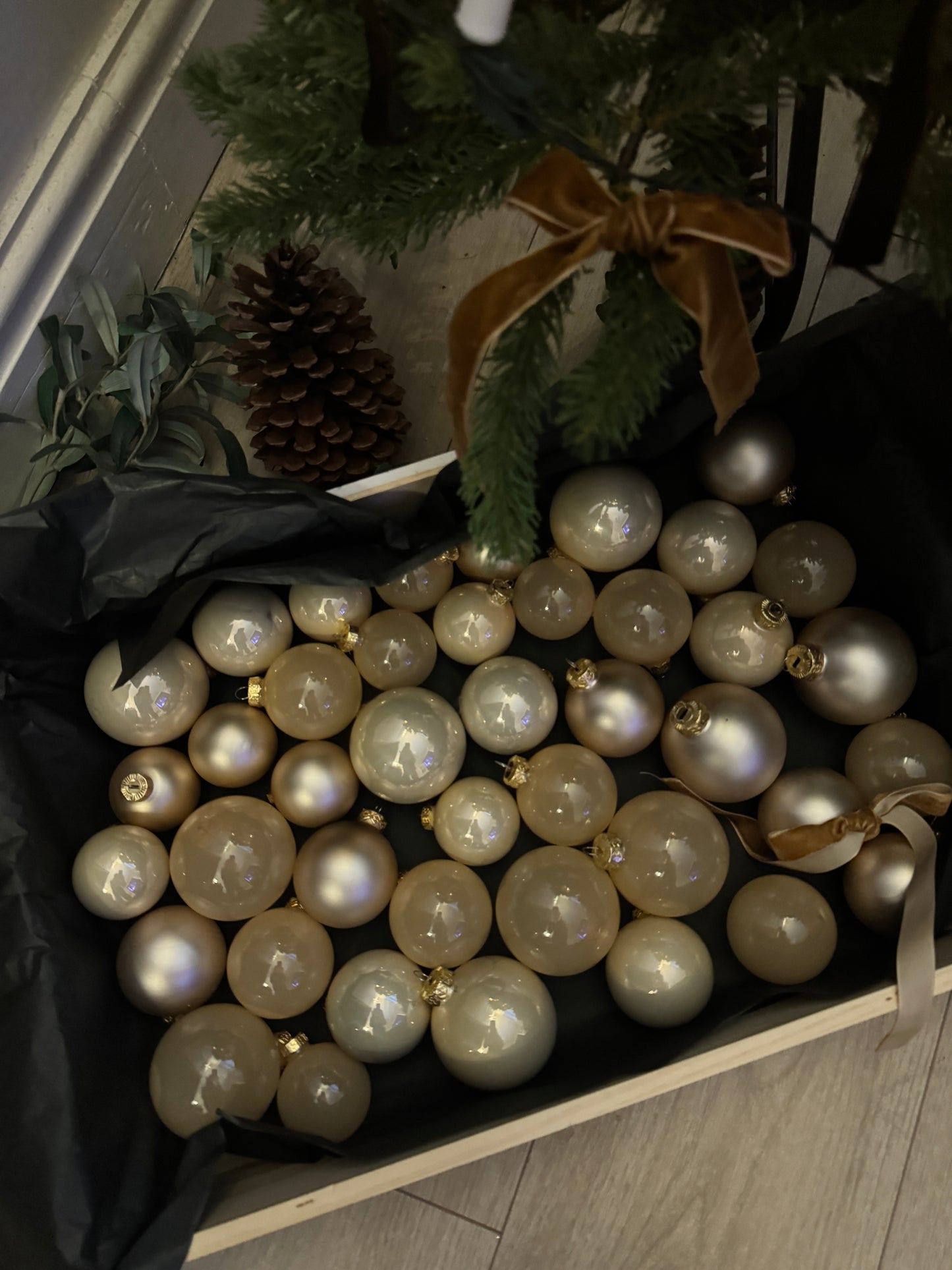 Beige European Glass Christmas Baubles – Mixed Sizes, Set of 42