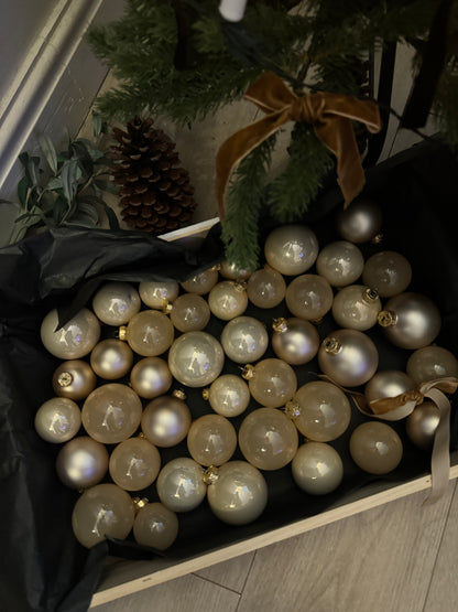 Beige European Glass Christmas Baubles – Mixed Sizes, Set of 42
