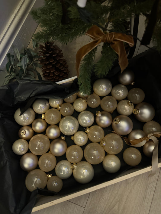 Beige European Glass Christmas Baubles – Mixed Sizes, Set of 42