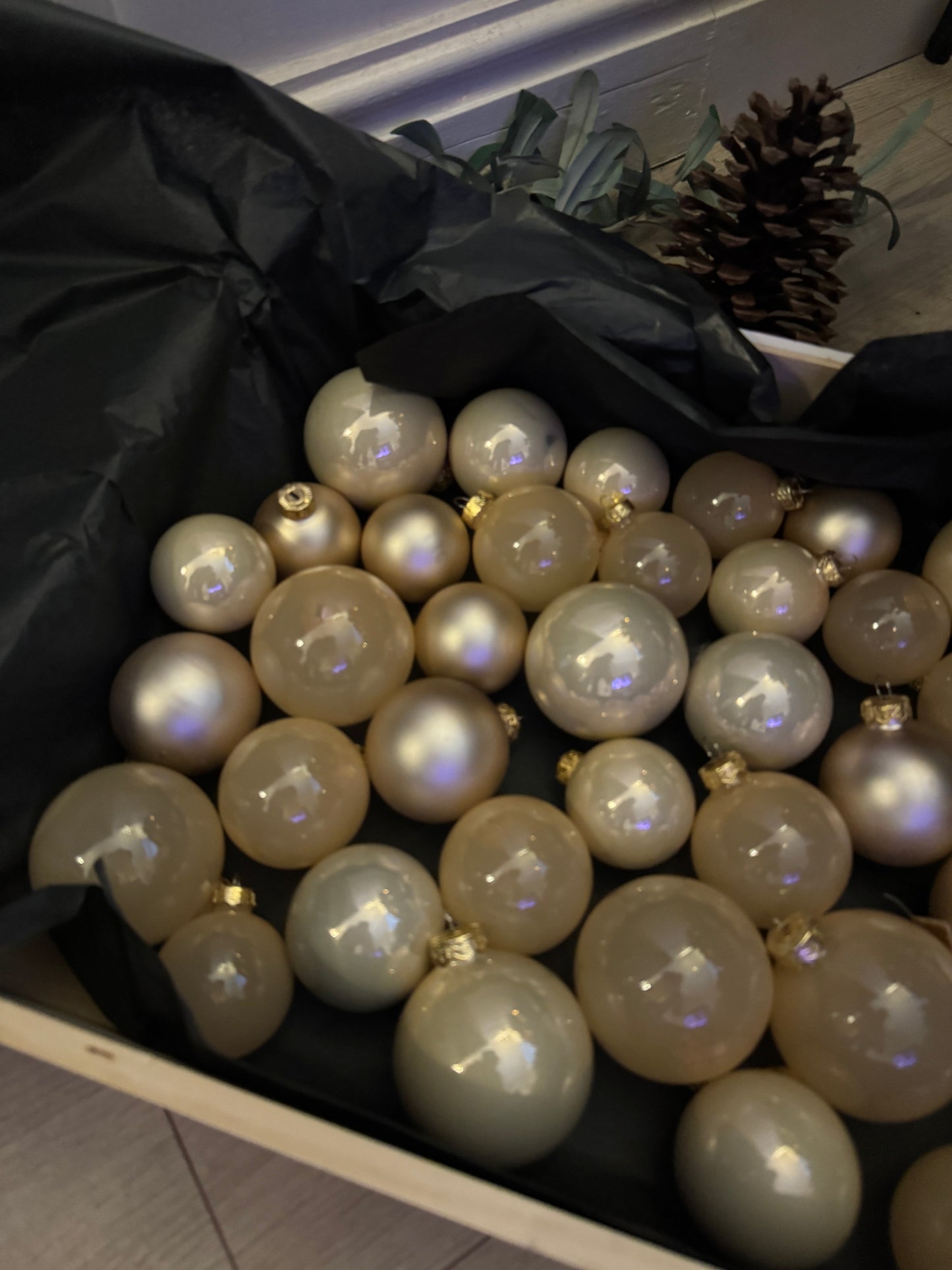 Beige European Glass Christmas Baubles – Mixed Sizes, Set of 42