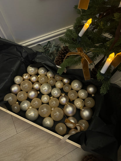 Beige European Glass Christmas Baubles – Mixed Sizes, Set of 42