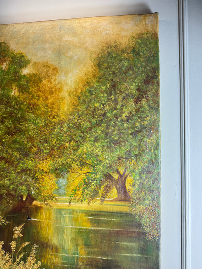 A Peaceful Afternoon by the Water – Original Oil Painting by H. Hutchings, 1958