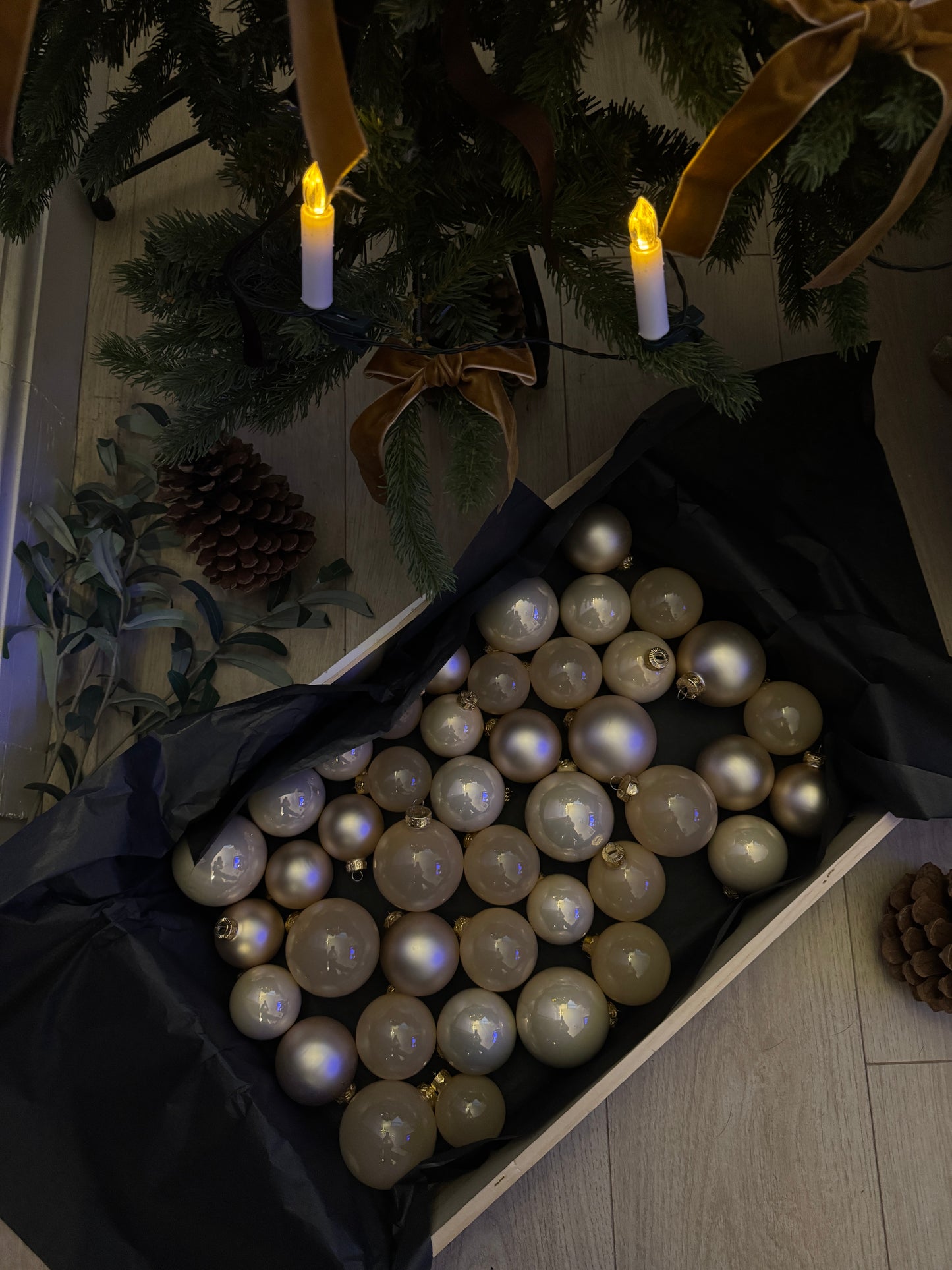 Beige European Glass Christmas Baubles – Mixed Sizes, Set of 42