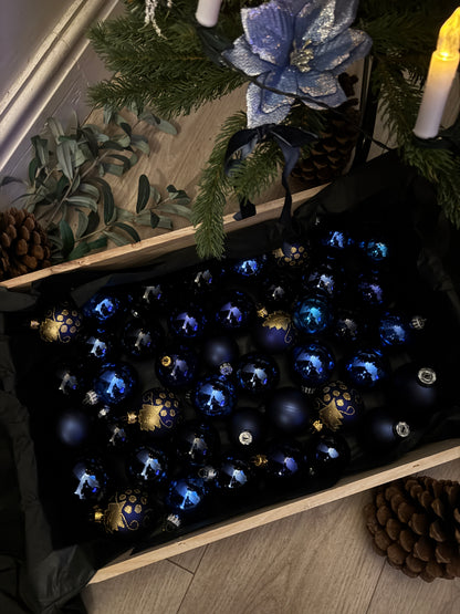 Blue European Glass Christmas Baubles – Mixed Sizes, Set of 43