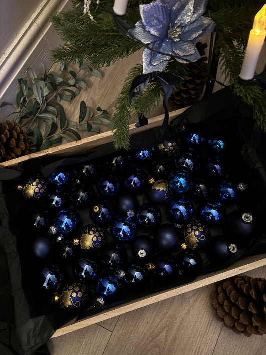 Blue European Glass Christmas Baubles – Mixed Sizes, Set of 43