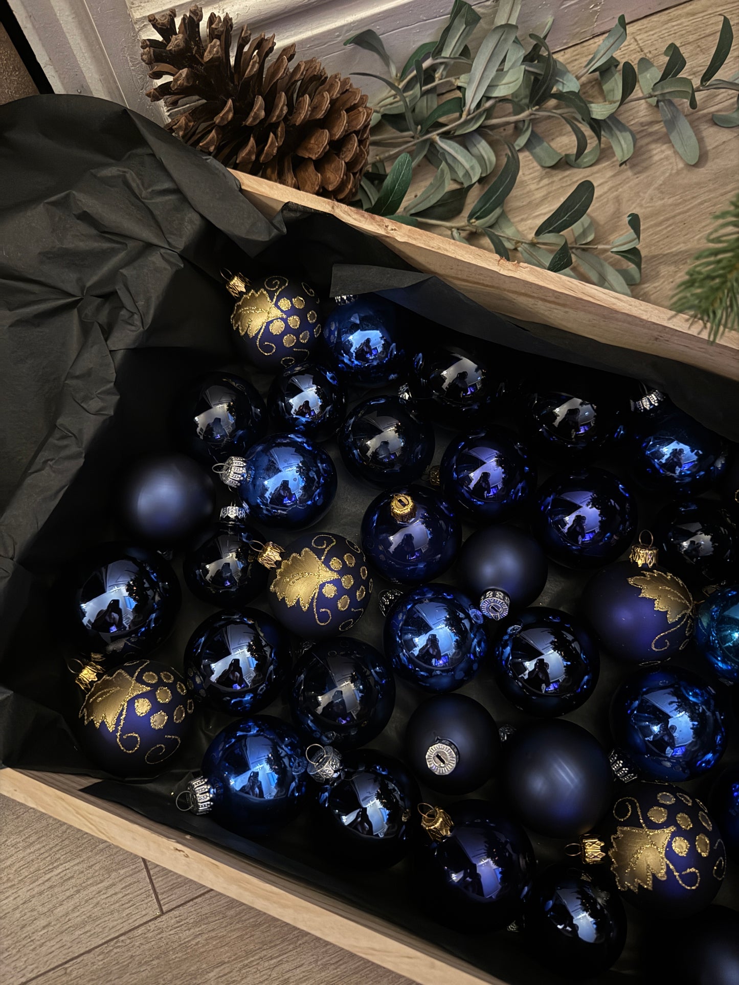 Blue European Glass Christmas Baubles – Mixed Sizes, Set of 43