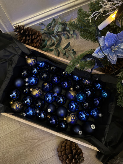 Blue European Glass Christmas Baubles – Mixed Sizes, Set of 43