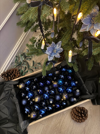 Blue European Glass Christmas Baubles – Mixed Sizes, Set of 43