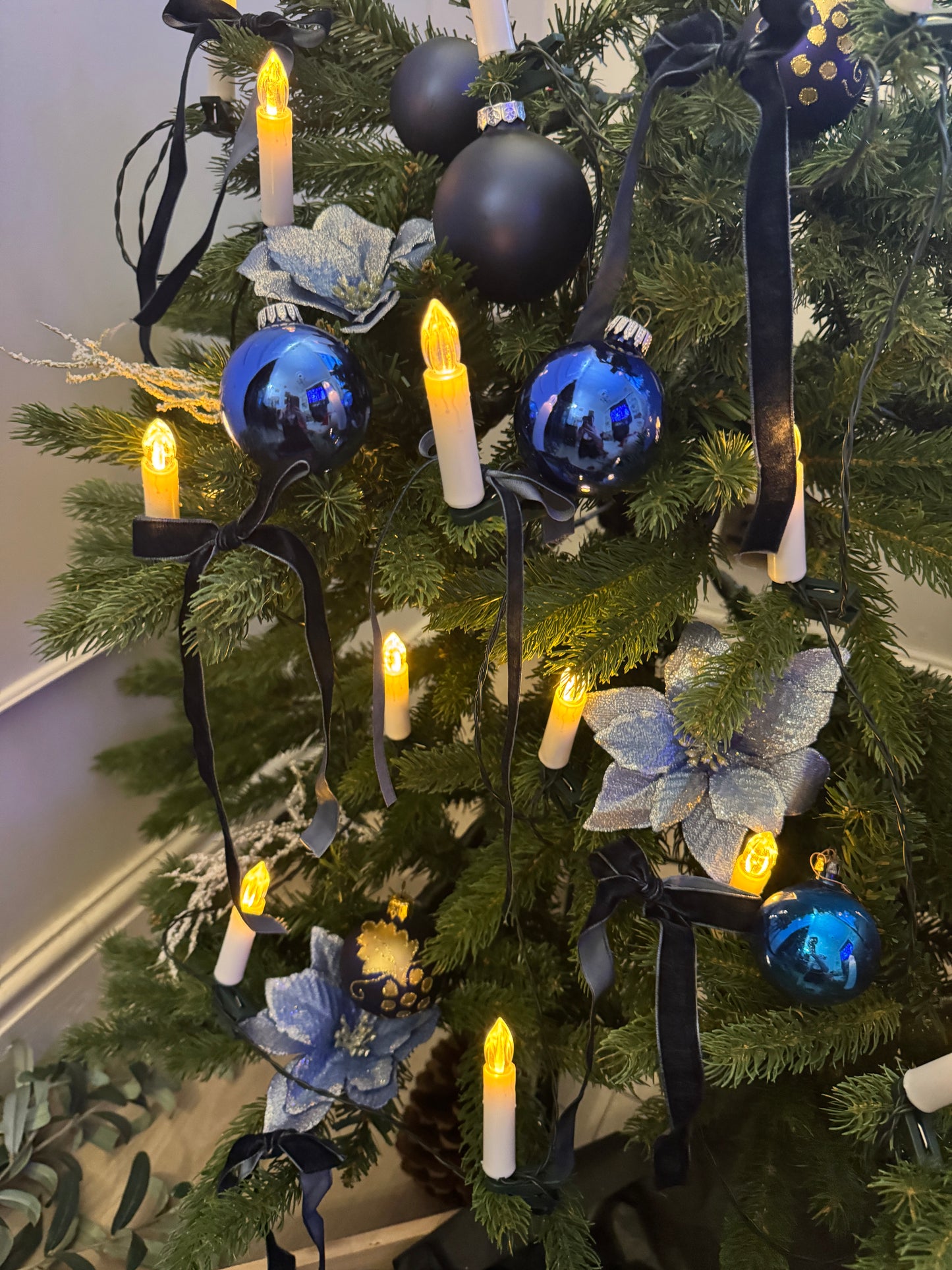 Blue European Glass Christmas Baubles – Mixed Sizes, Set of 43