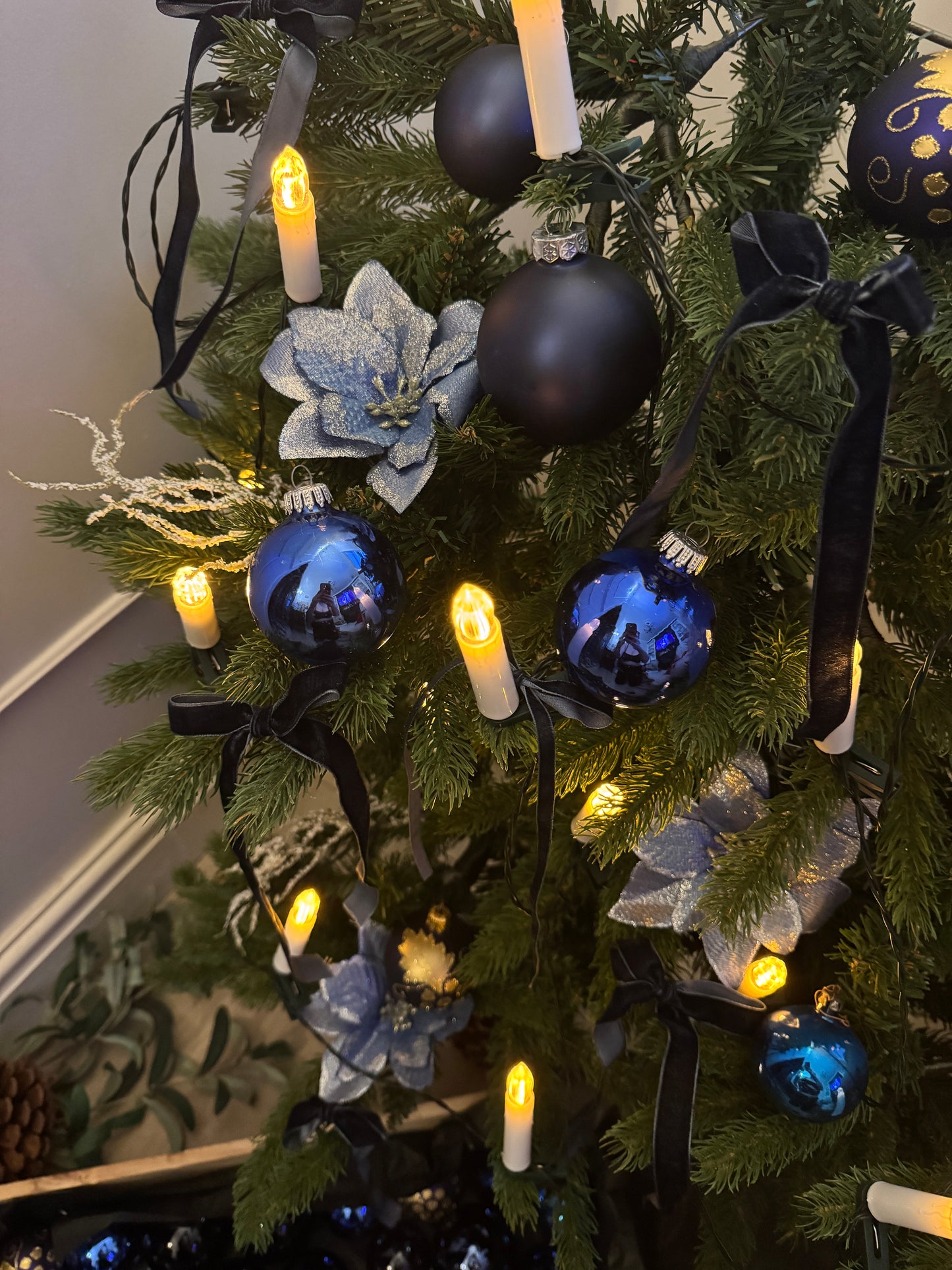 Blue European Glass Christmas Baubles – Mixed Sizes, Set of 43