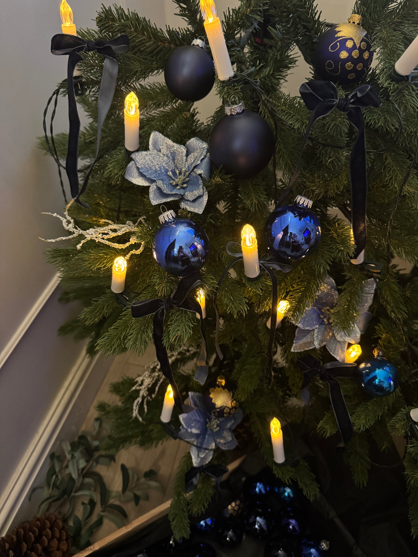 Blue European Glass Christmas Baubles – Mixed Sizes, Set of 43