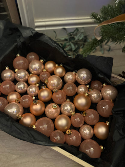 Pinky, Peach & Apricot European Glass Christmas Baubles – Mixed Sizes, Set of 42