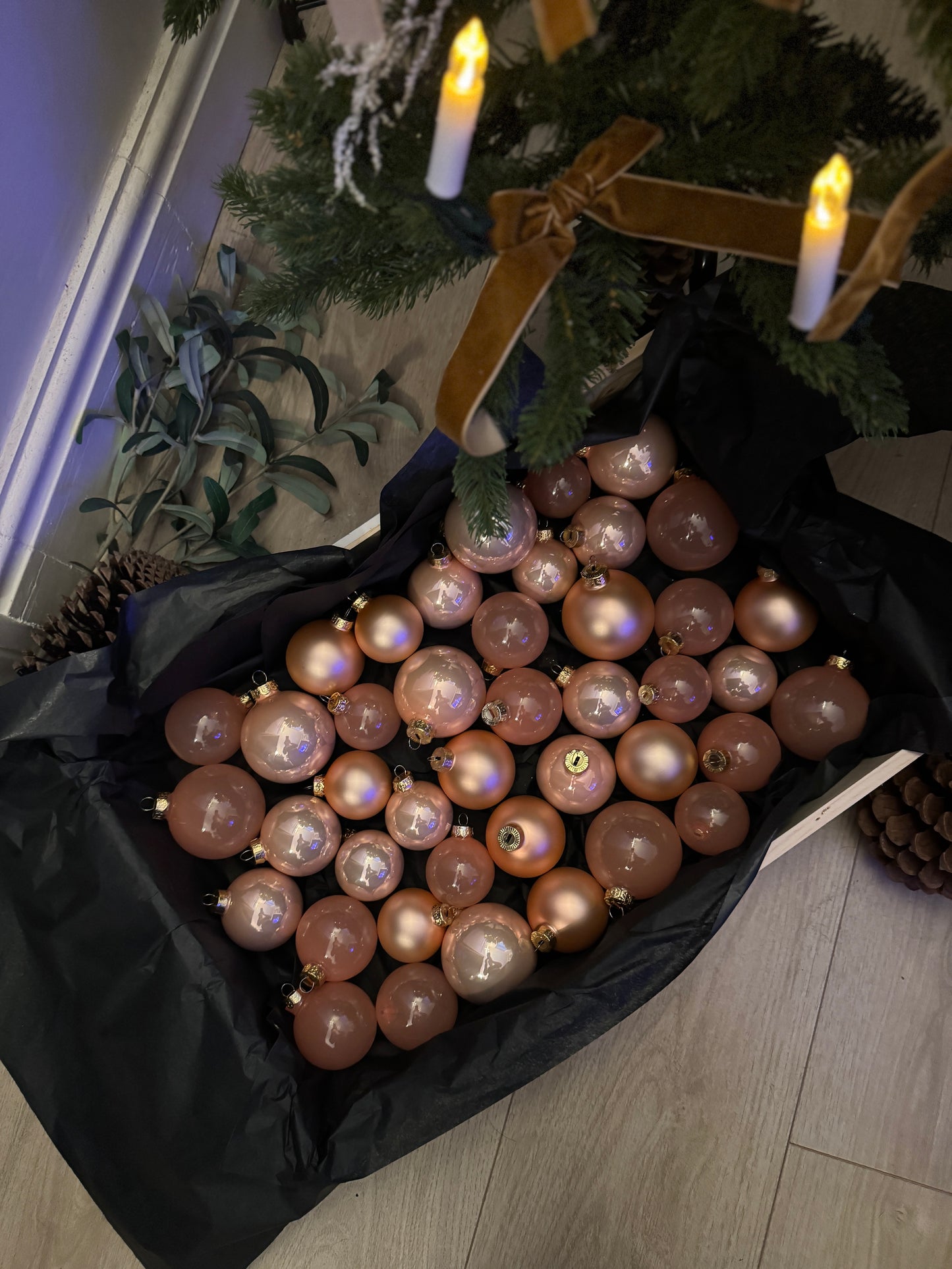 Pinky, Peach & Apricot European Glass Christmas Baubles – Mixed Sizes, Set of 42