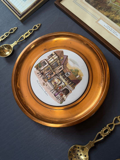English Countryside Heirloom Gallery Wall Set : Brass Spoons , Vintage Prints , Copper Ceramic Plate