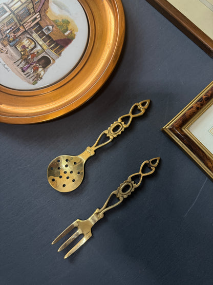 English Countryside Heirloom Gallery Wall Set : Brass Spoons , Vintage Prints , Copper Ceramic Plate
