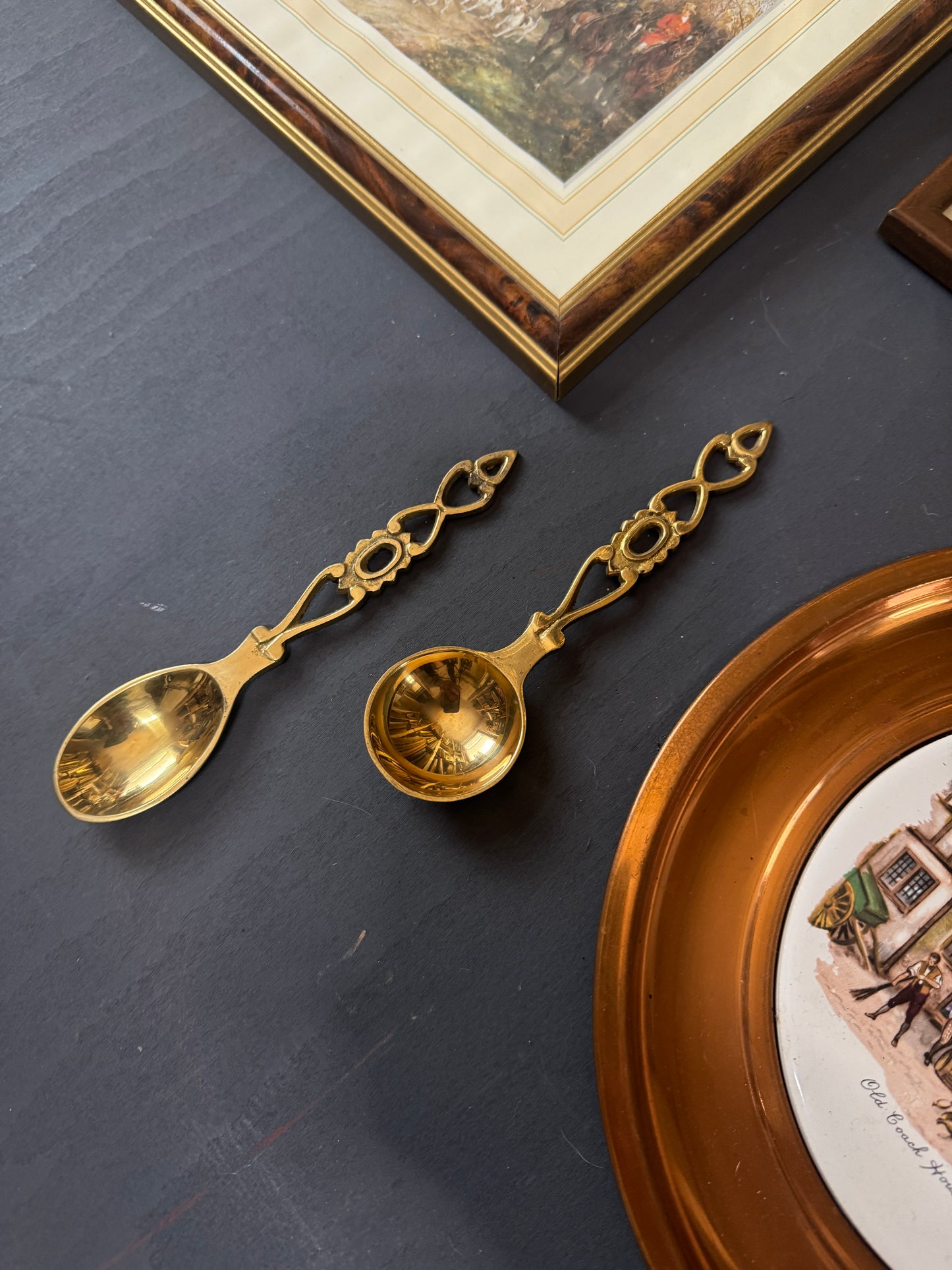 English Countryside Heirloom Gallery Wall Set : Brass Spoons , Vintage Prints , Copper Ceramic Plate