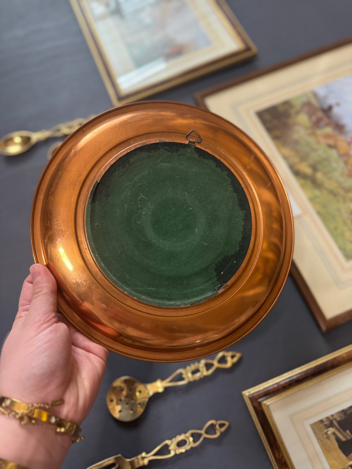English Countryside Heirloom Gallery Wall Set : Brass Spoons , Vintage Prints , Copper Ceramic Plate