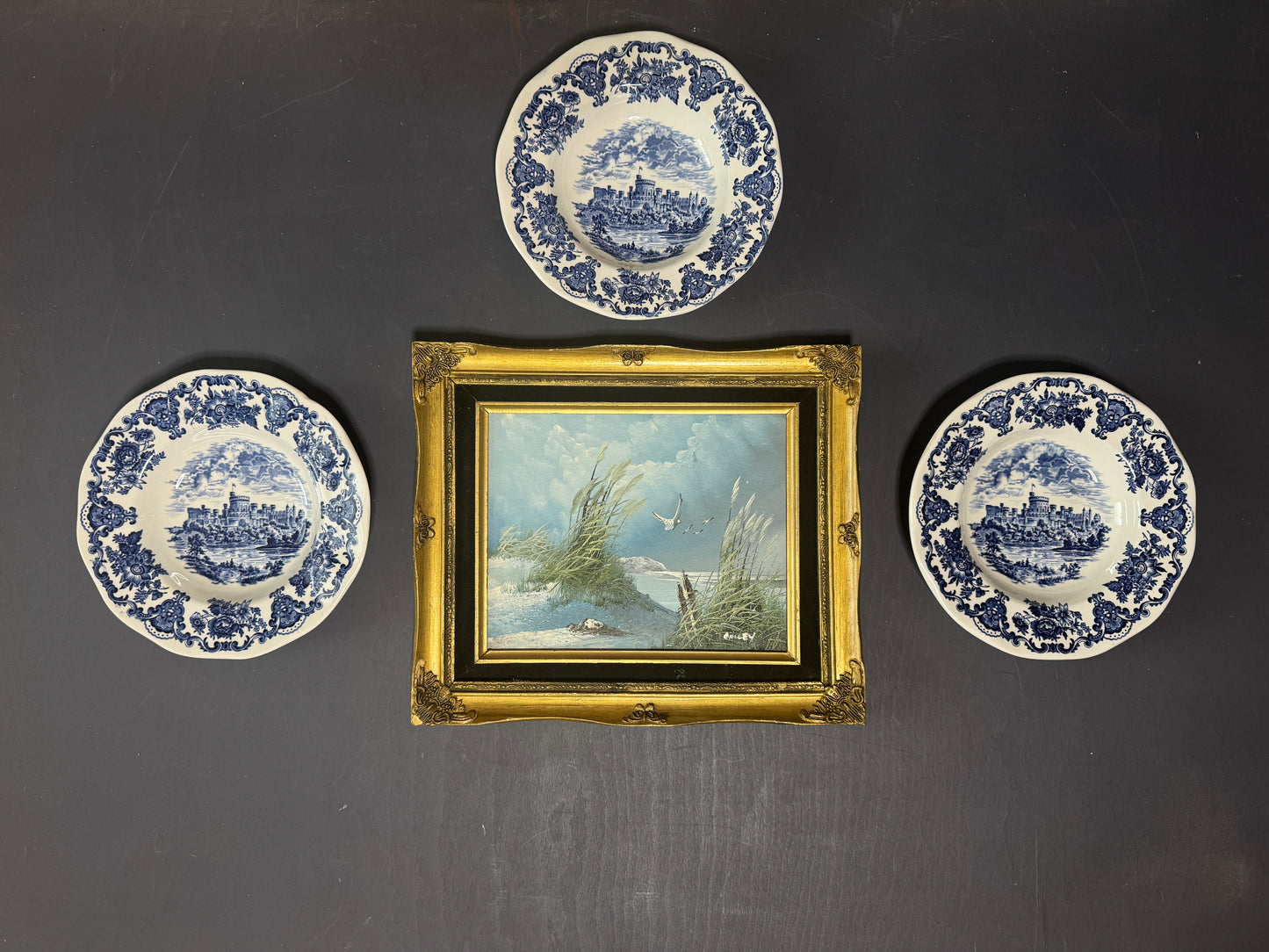 Vintage Blue Willow Plates & Framed Heritage Painting Gallery Wall Set
