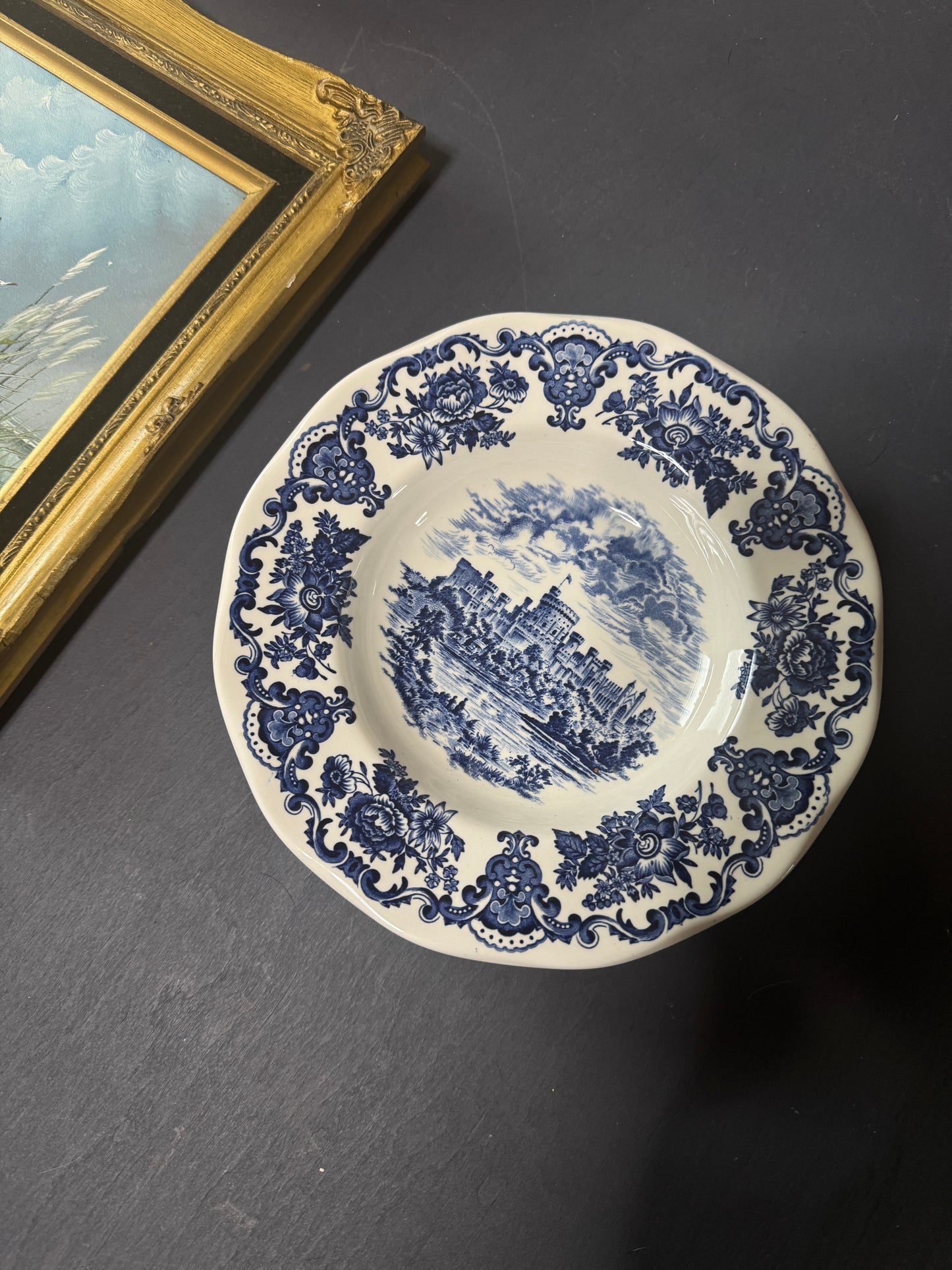 Vintage Blue Willow Plates & Framed Heritage Painting Gallery Wall Set