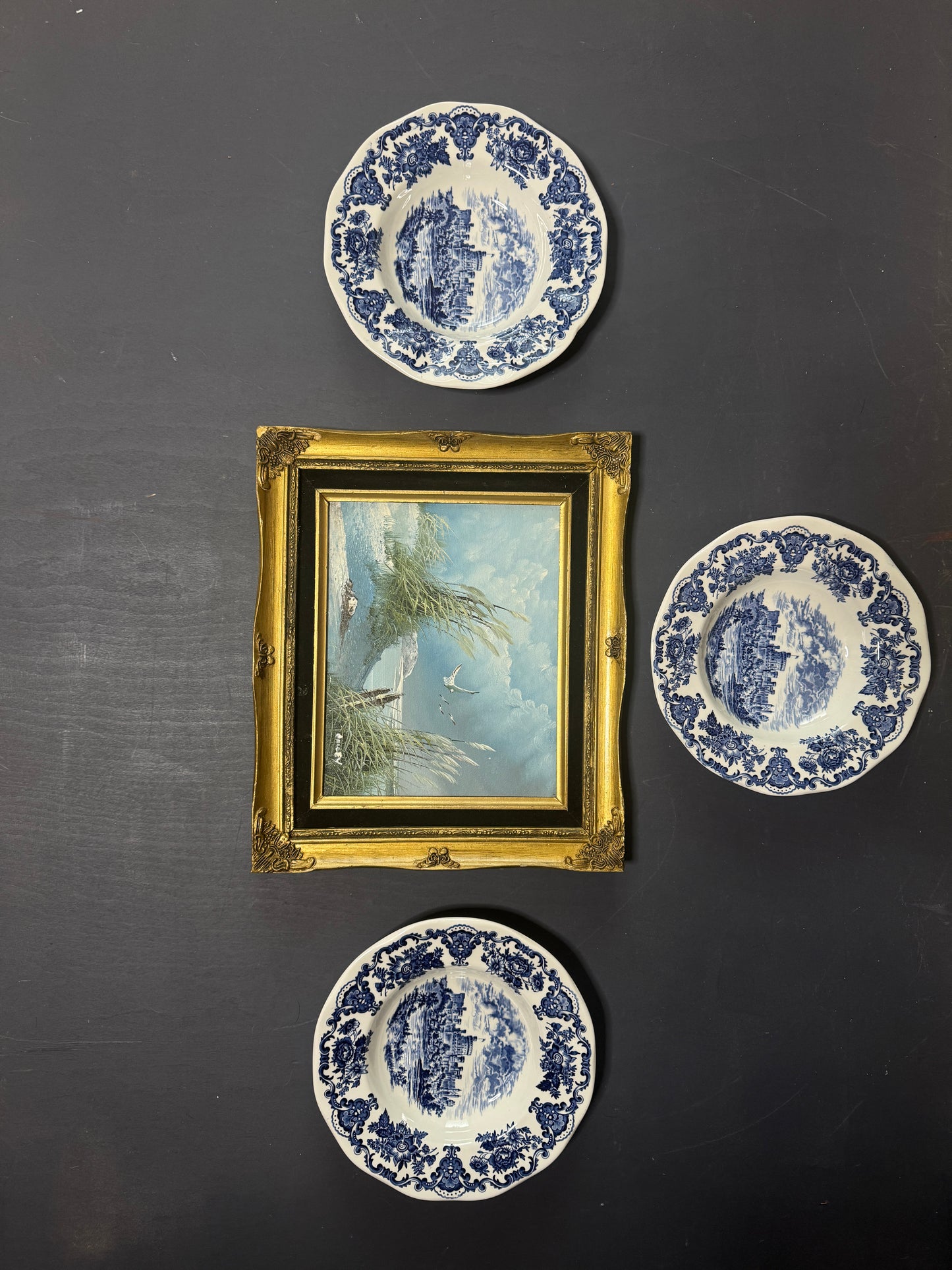 Vintage Blue Willow Plates & Framed Heritage Painting Gallery Wall Set