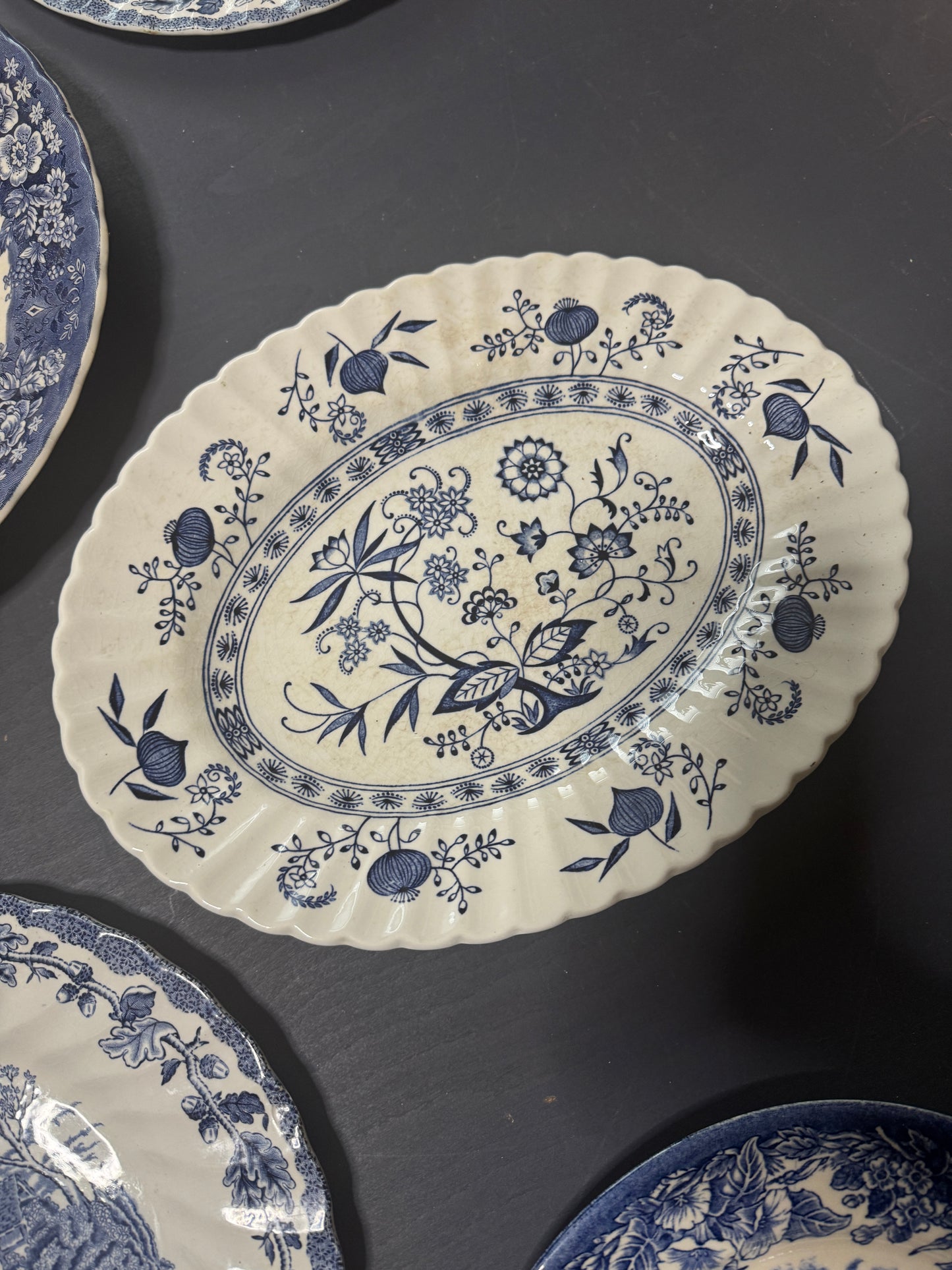 Vintage Kitchen Gallery Wall Set: Blue & White Willow Style English Plate Set