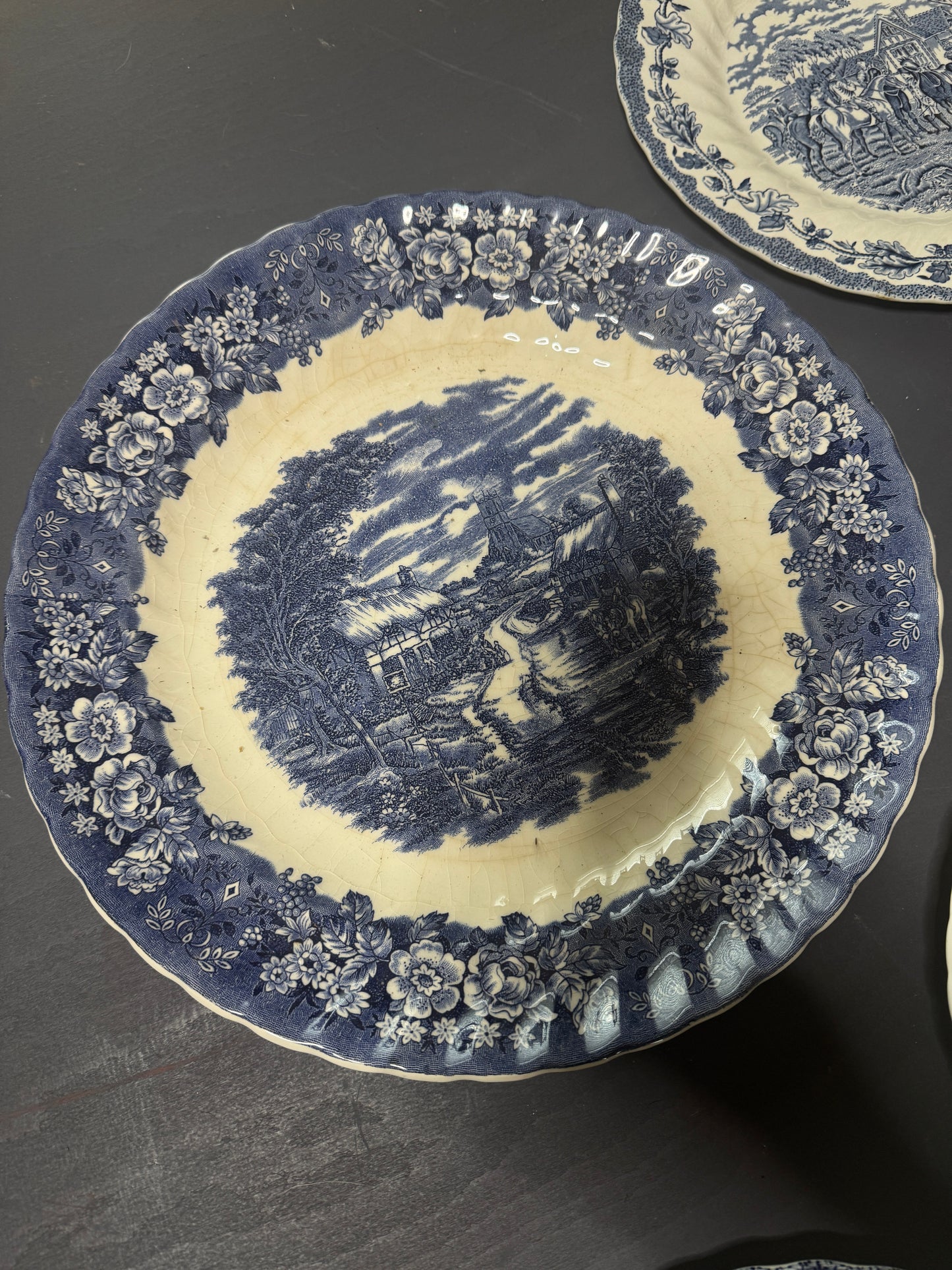Vintage Kitchen Gallery Wall Set: Blue & White Willow Style English Plate Set