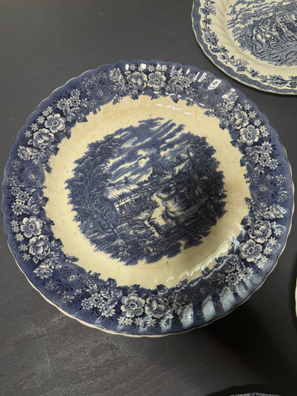Vintage Kitchen Gallery Wall Set: Blue & White Willow Style English Plate Set