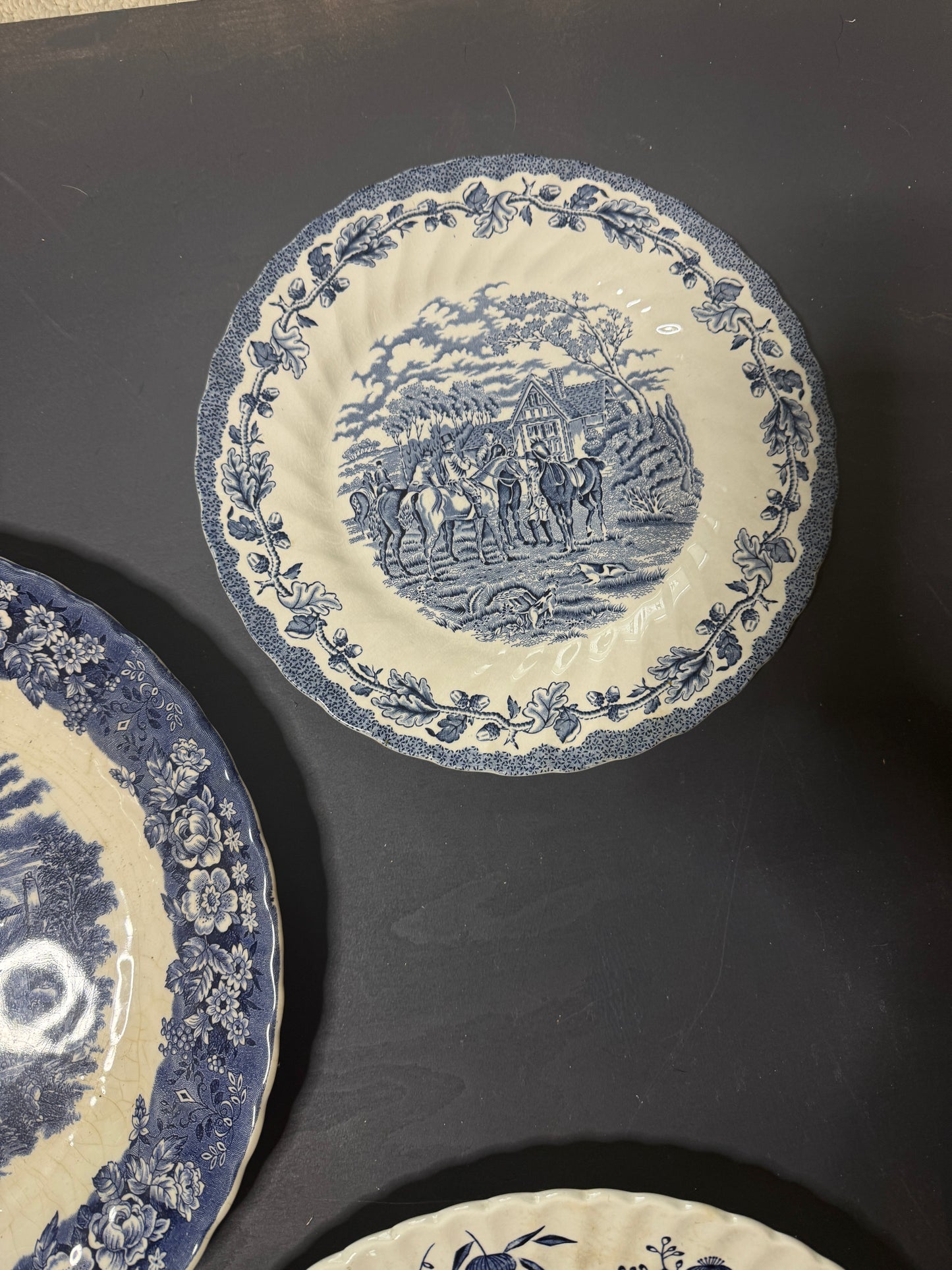 Vintage Kitchen Gallery Wall Set: Blue & White Willow Style English Plate Set