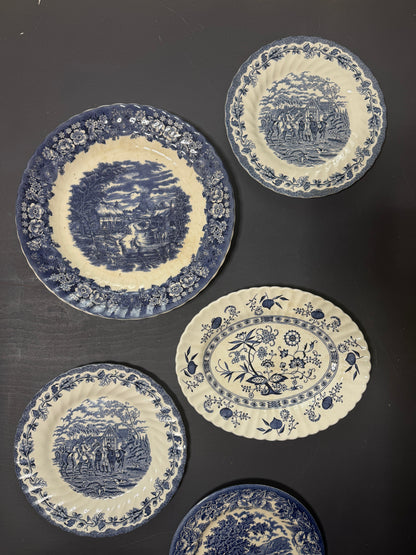 Vintage Kitchen Gallery Wall Set: Blue & White Willow Style English Plate Set
