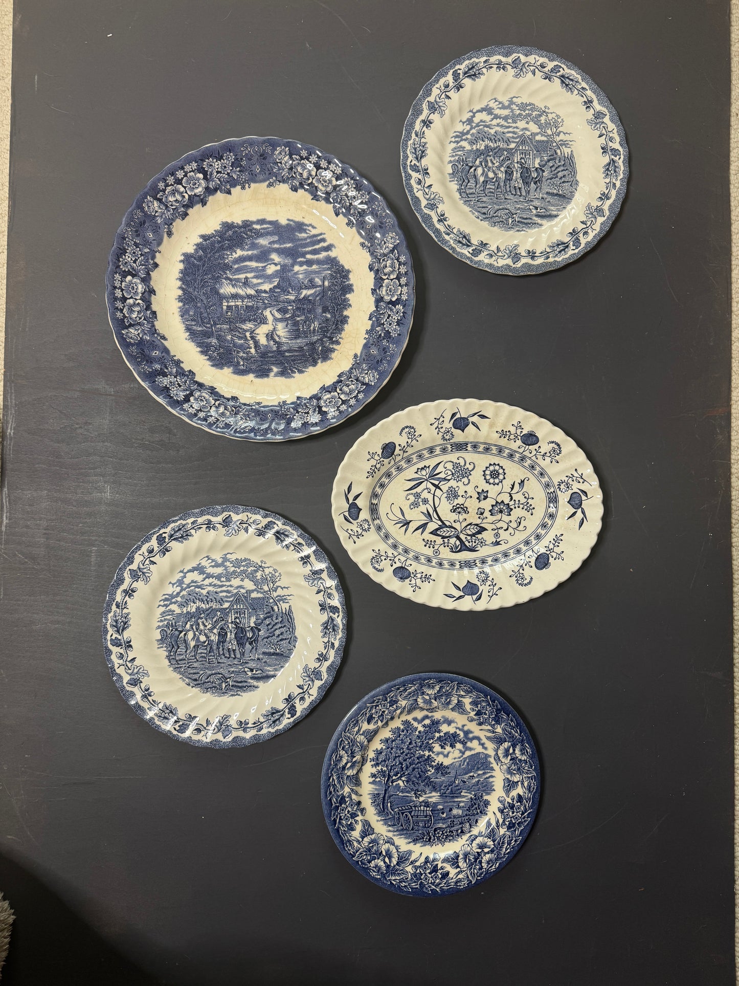 Vintage Kitchen Gallery Wall Set: Blue & White Willow Style English Plate Set