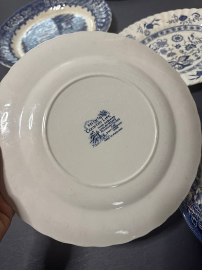 Vintage Kitchen Gallery Wall Set: Blue & White Willow Style English Plate Set